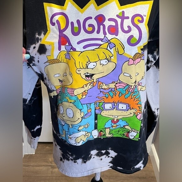 Rugrats Long Sleeve T-Shirt Black and White Bleach Dye Front and Back Graphics - Picture 8 of 9